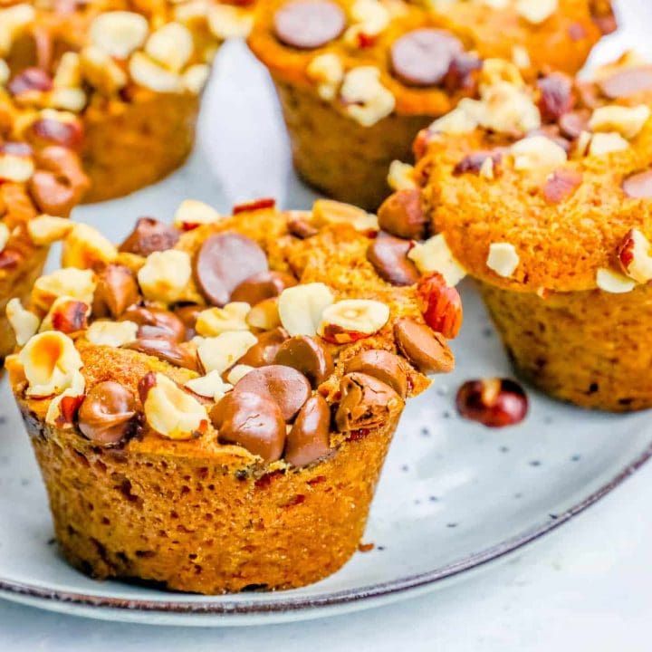 Pumpkin muffins with chocolate chips and nuts, easy moist spiced pumpkin bread.