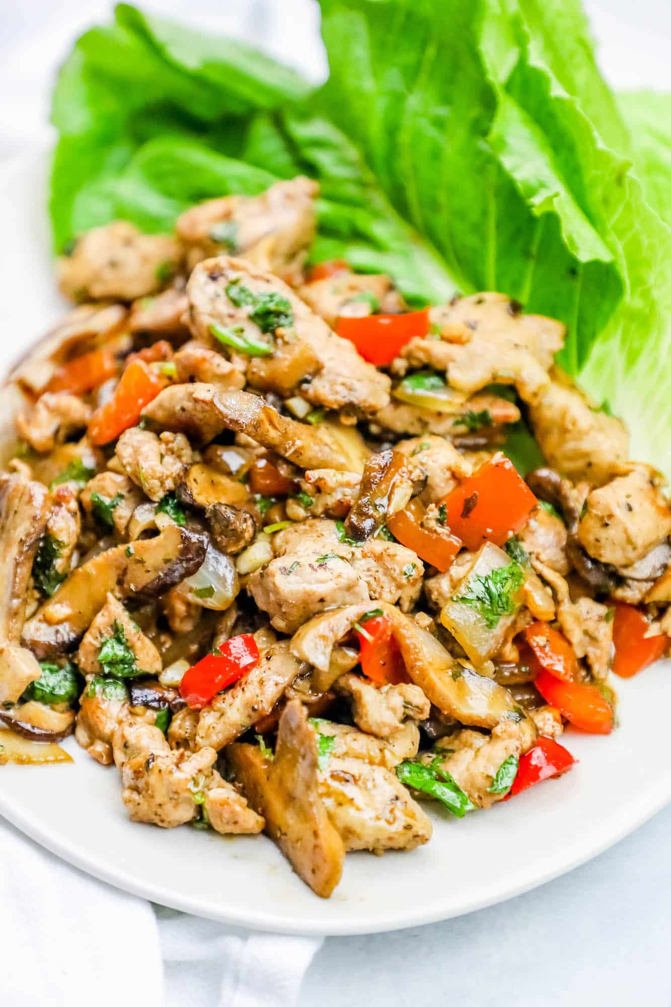 plate of pork diced up with peppers and seasoning on it and lettuce in the background