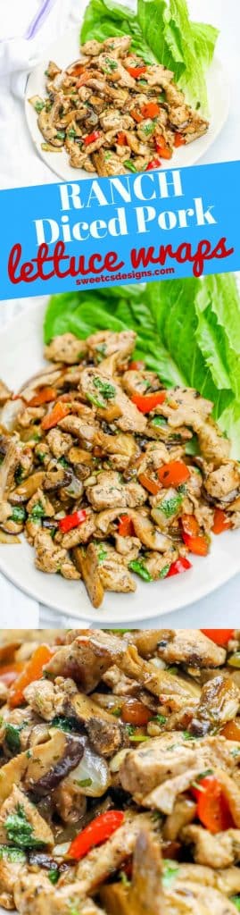 plate of pork diced up with peppers and seasoning on it and lettuce in the background