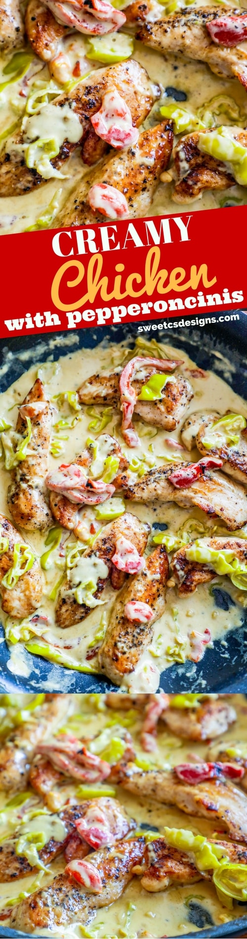 picture of creamy chicken tenders in a skillet with pepperoncini and creamy sauce. 