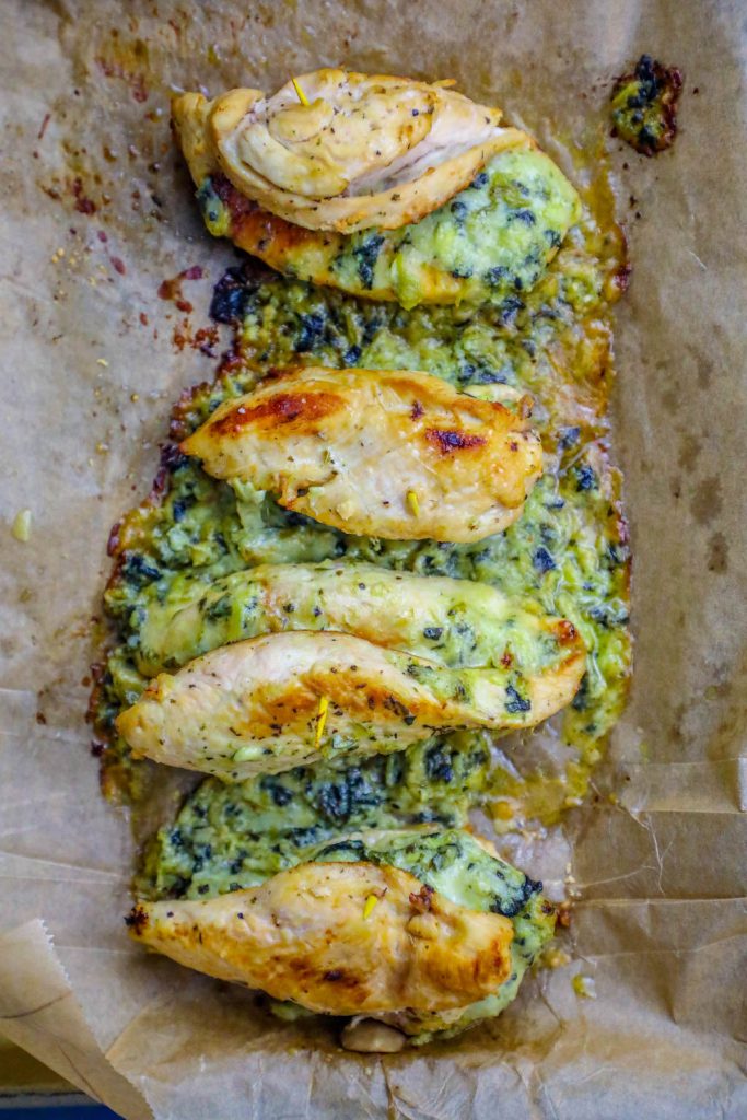 4 chicken breasts stuffed with creamy spinach and artichoke dip.