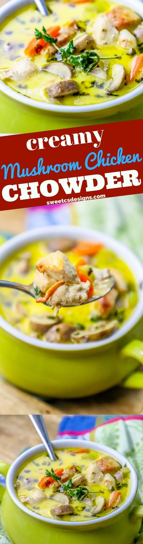 picture of mushroom and chicken soup with thyme on the top in a green pot with a colorful kitchen towel in the background. 