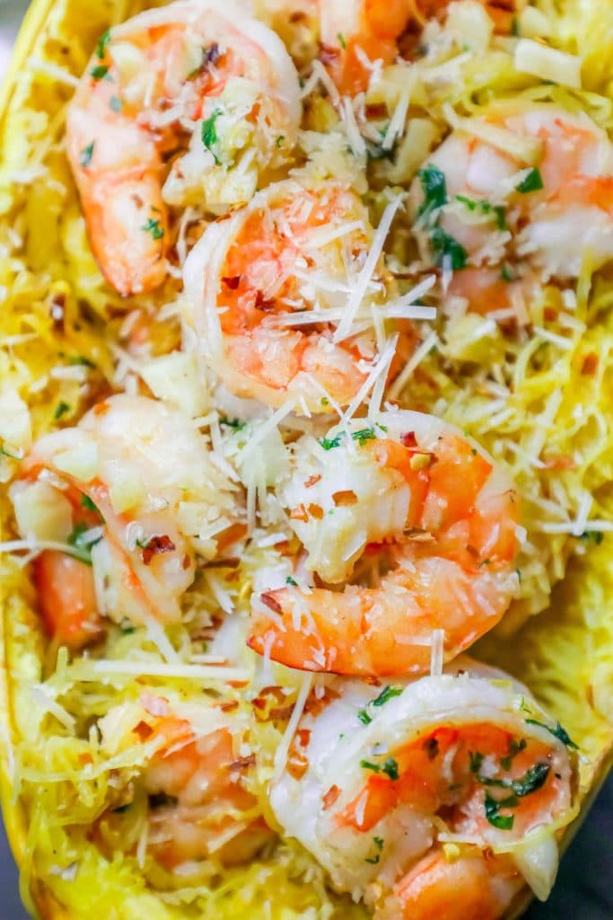 Low Carb Spaghetti Squash Shrimp Scampi Boats