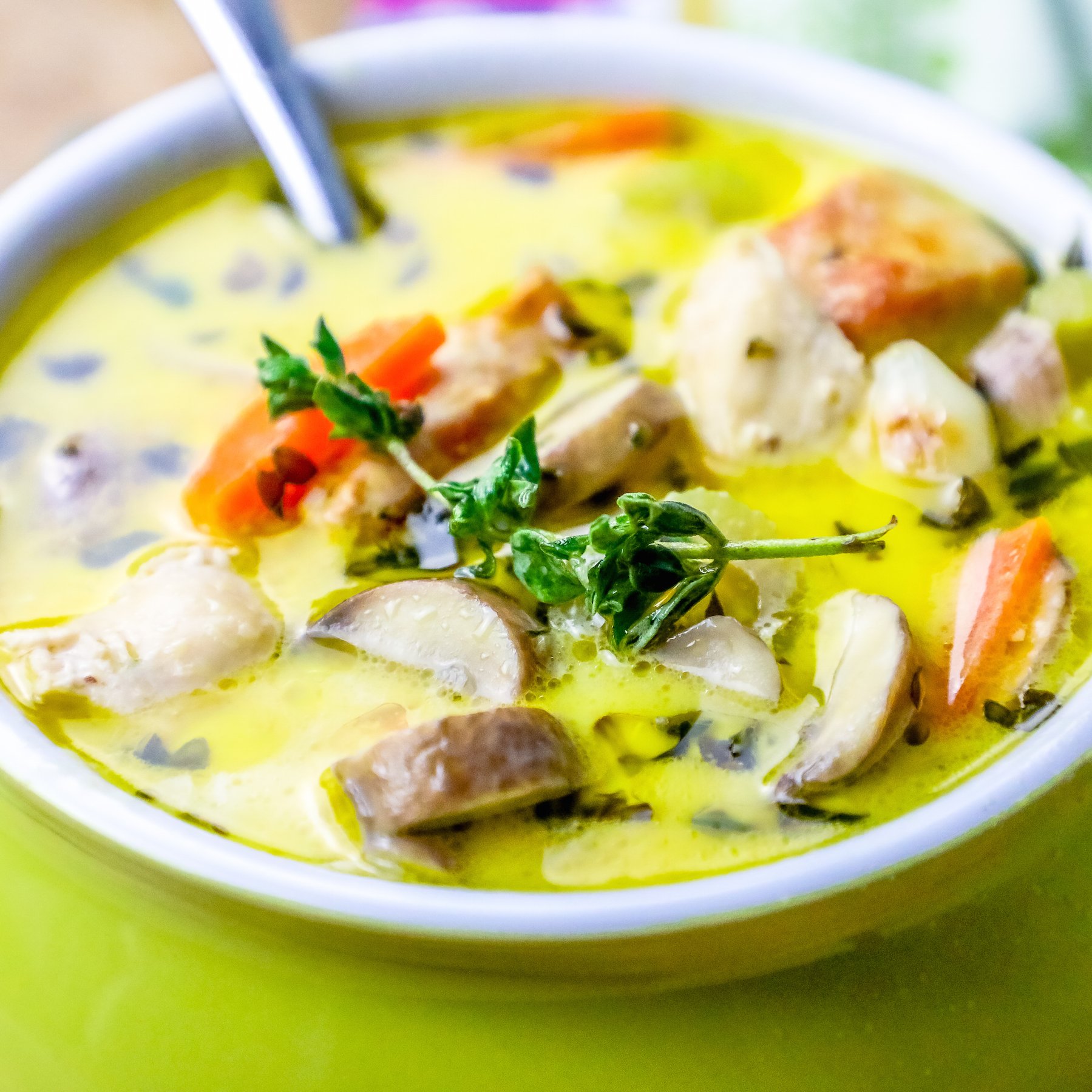 picture of mushroom and chicken soup with thyme on the top up close. 