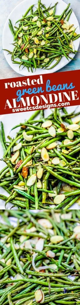 roasted green beans covered in toasted almonds on a white plate. 