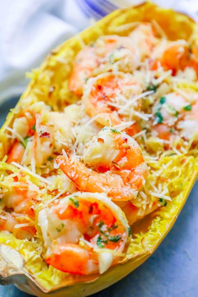 spaghetti squash roasted with shrimp and parmesan cheese in it