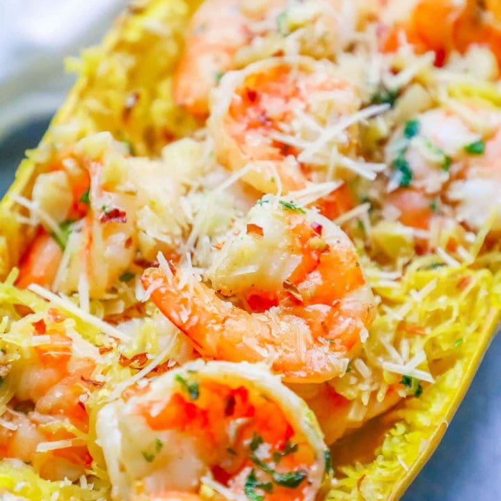 Low carb stuffed squash with shrimp and parmesan.