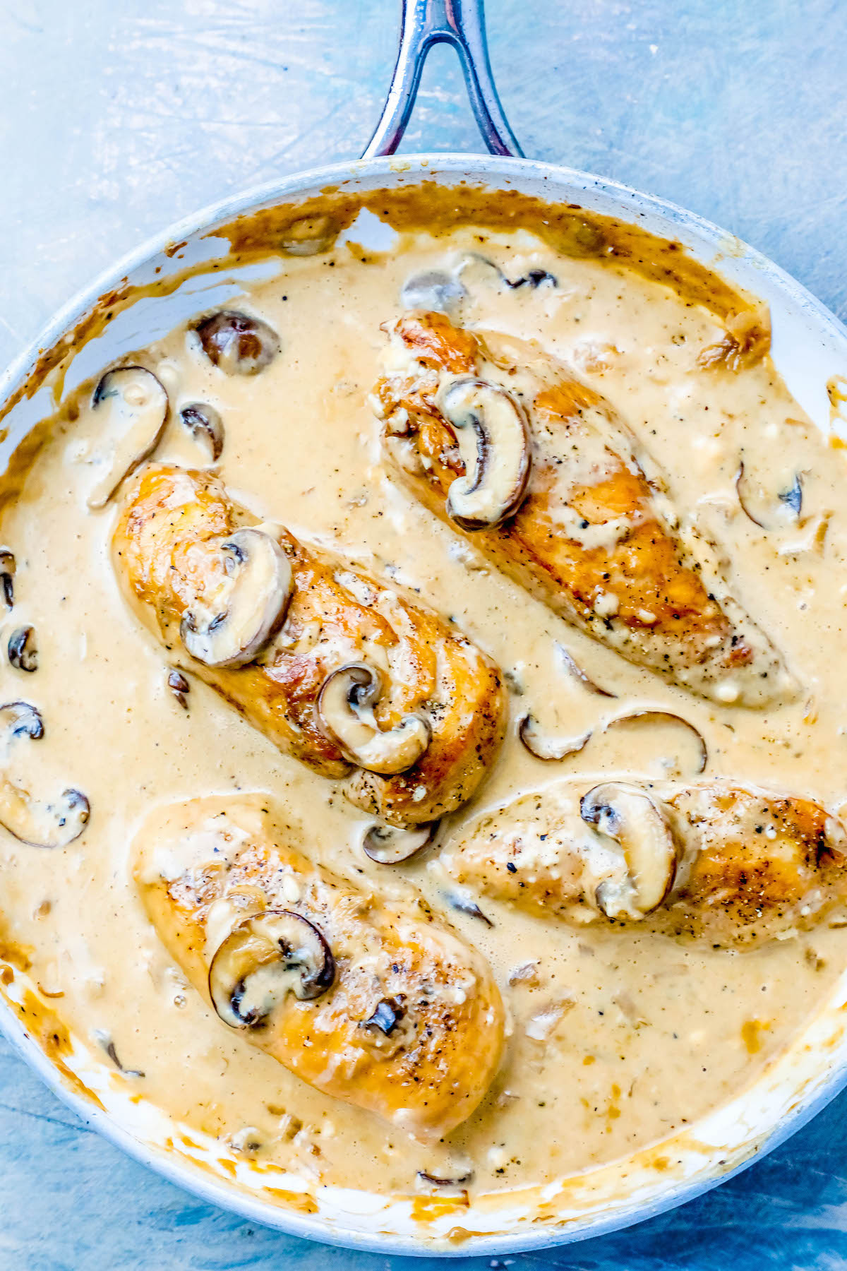 chicken in creamy sauce with mushrooms in a pan