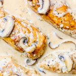 Creamy chicken stroganoff with mushrooms and sauce in a pan.