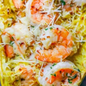 Low carb spaghetti squash with shrimp and parmesan.