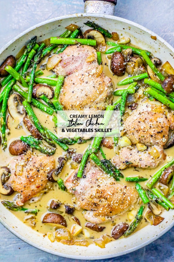 pan with chicken, asparagus, mushrooms, and creamy sauce