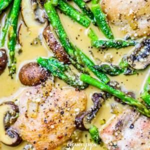 Creamy Italian chicken with mushrooms and asparagus in a white sauce.