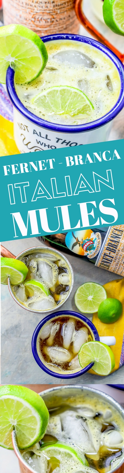 italian mule cocktail in a metal cup with limes in it and on the edge. Fernet branca italian mules written on it
