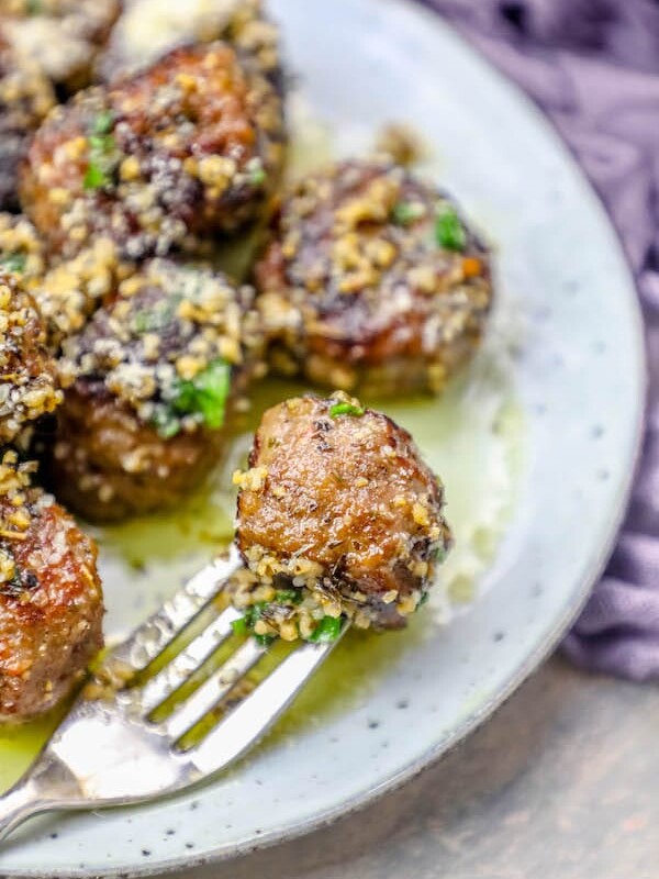 Garlic Butter Parmesan Meatballs served on a plate, perfect for an easy keto diet dinner.