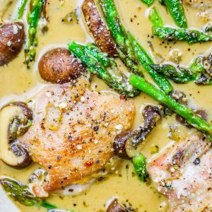 Italian chicken in a creamy sauce with asparagus and mushrooms.