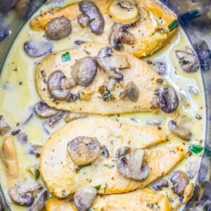 Easy low carb slow cooker creamy chicken marsala dinner.