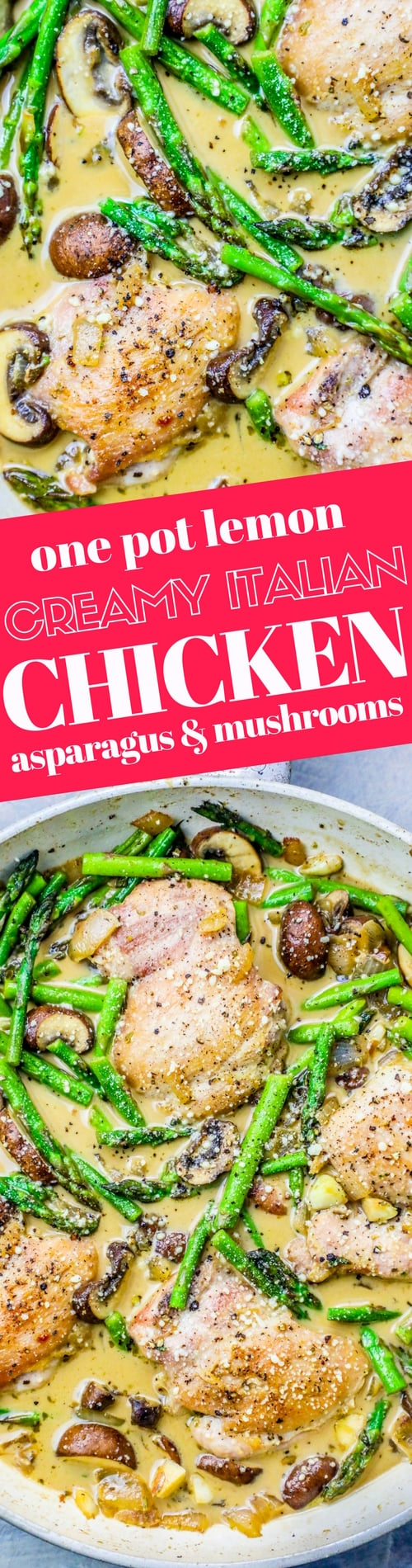 pan with chicken, asparagus, mushrooms, and creamy sauce