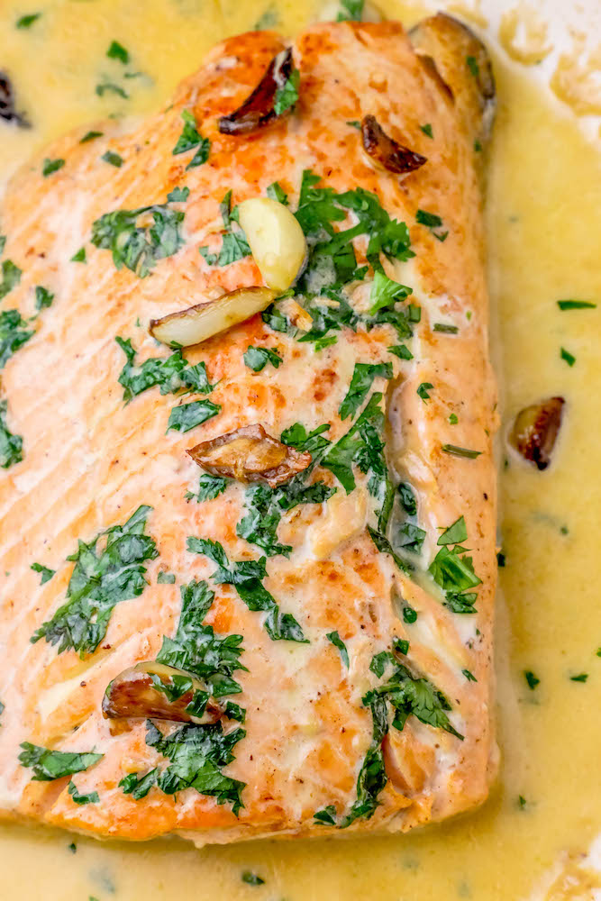 picture of whiskey glazed salmon with garlic and parsley