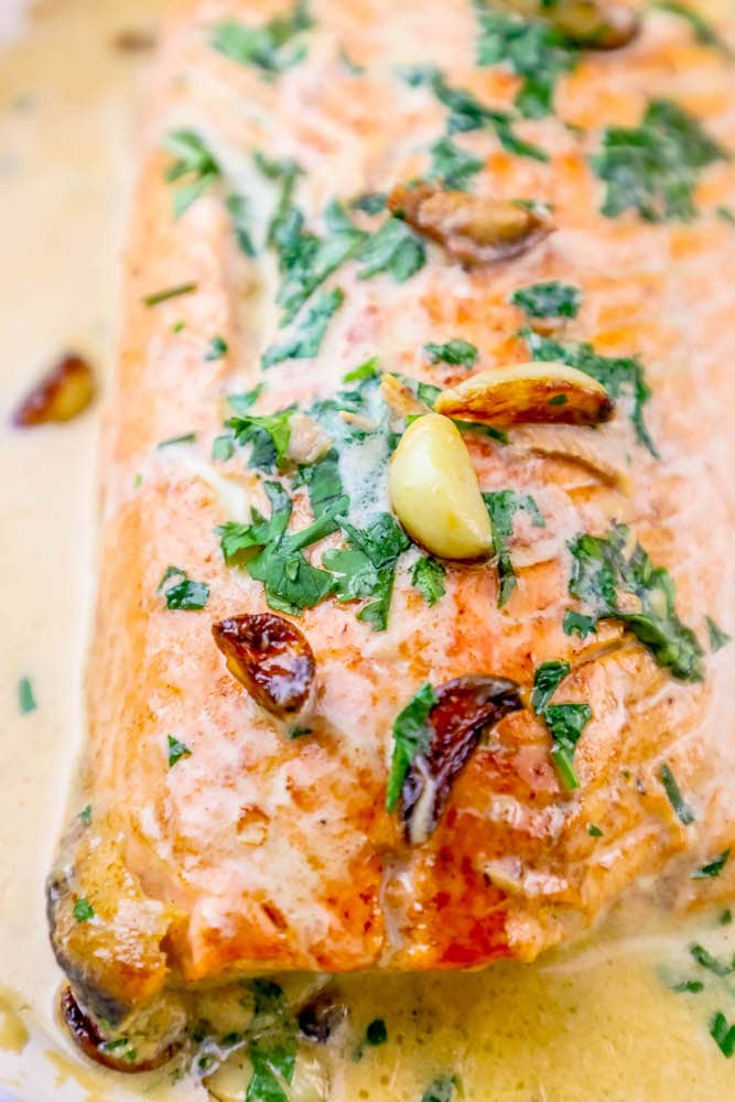 picture of whiskey glazed salmon with garlic and parsley
