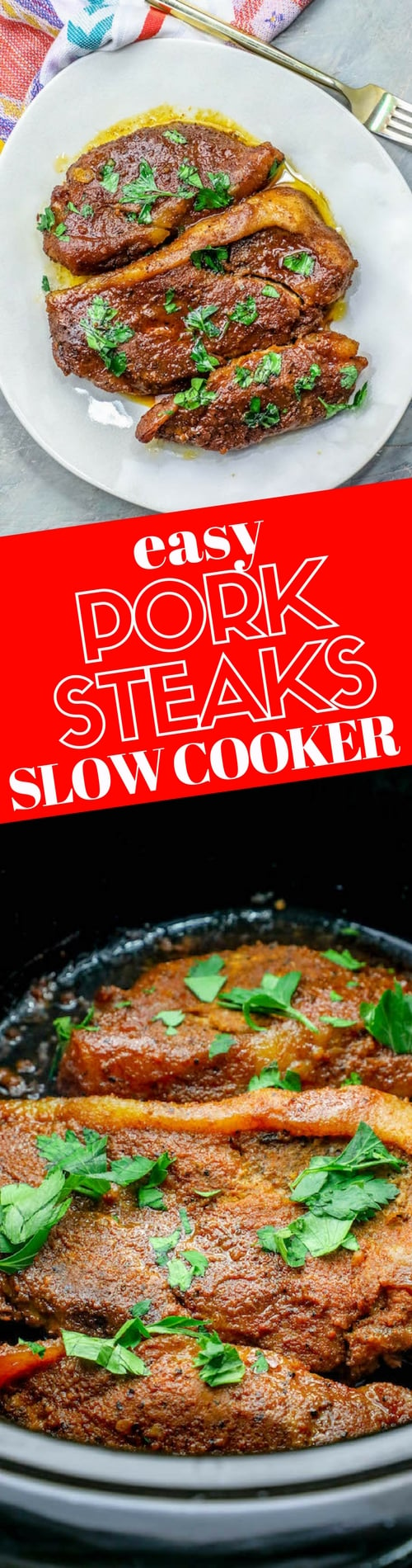 picture of pork steaks on a plate with pork steaks in slow cooker underneath