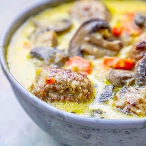 A keto-friendly meatball soup recipe with mushrooms, cooked in one pot.