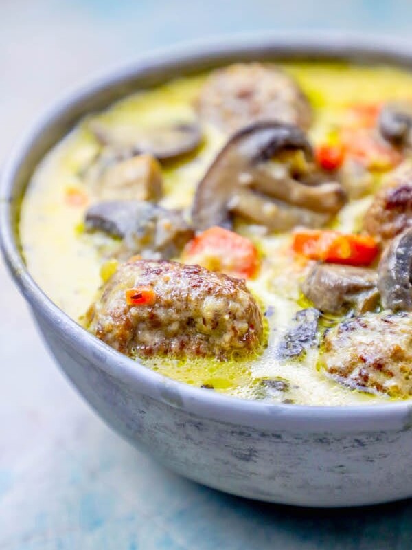A keto-friendly meatball soup recipe with mushrooms, cooked in one pot.