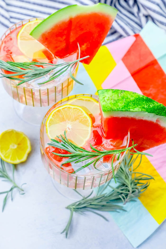 glass with lemon, watermelon, and rosemary in it