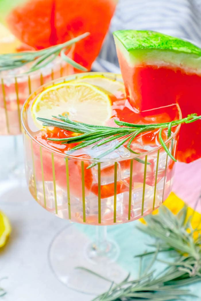 glass with lemon, watermelon, and rosemary in it