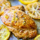 Lemony chicken thighs baked with lemon slices.