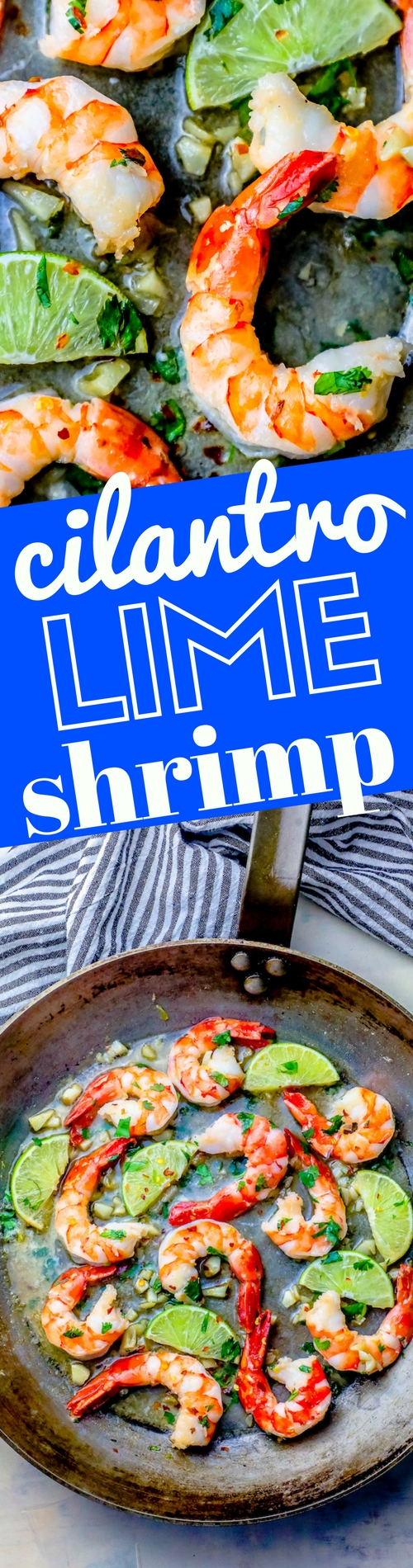 shrimp, limes, and cilantro in a pan
