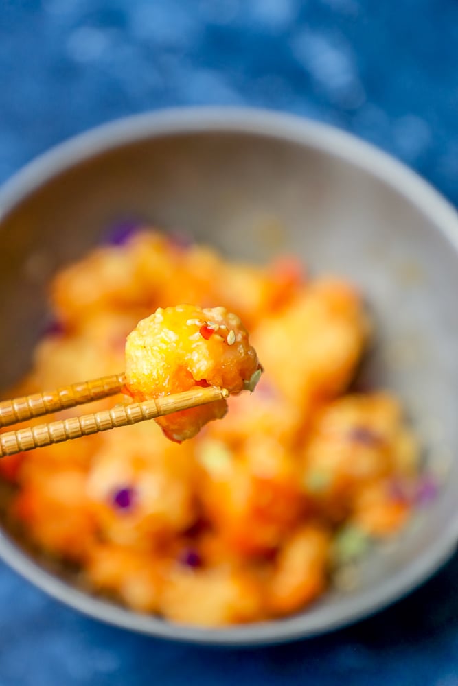 picture of bang bang fried shrimp with sesame seeds in a bowl 