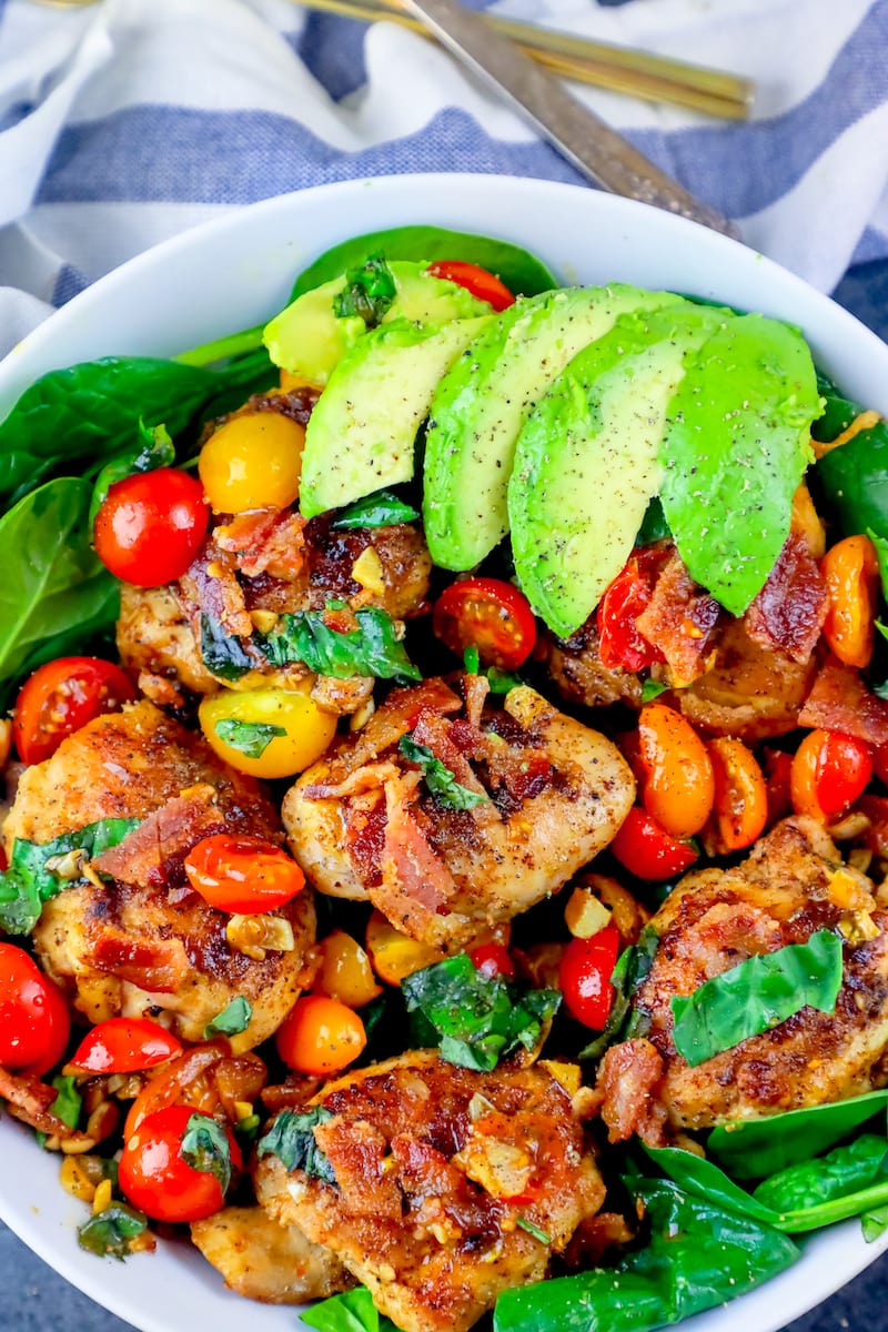 A picture of BLAT chicken thigh salad showing the tomatoes, grilled chicken, bacon and lettuce