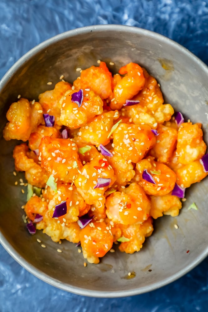 picture of bang bang fried shrimp with sesame seeds in a bowl 