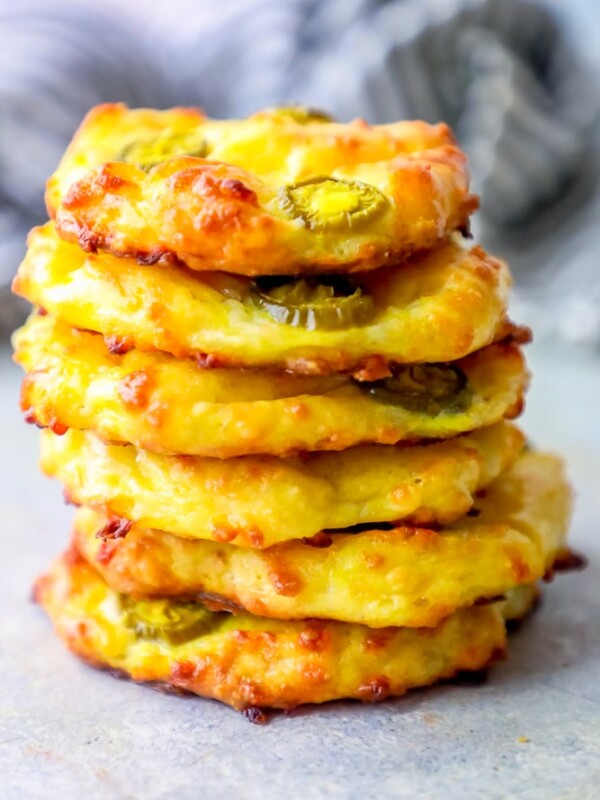 A stack of low carb jalapeno cheddar cloud bread on a table.