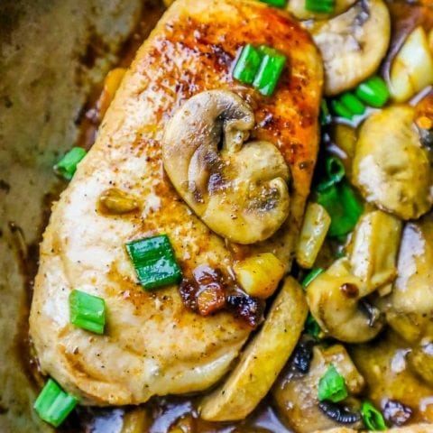 Chicken skillet recipe with mushrooms and green onions.