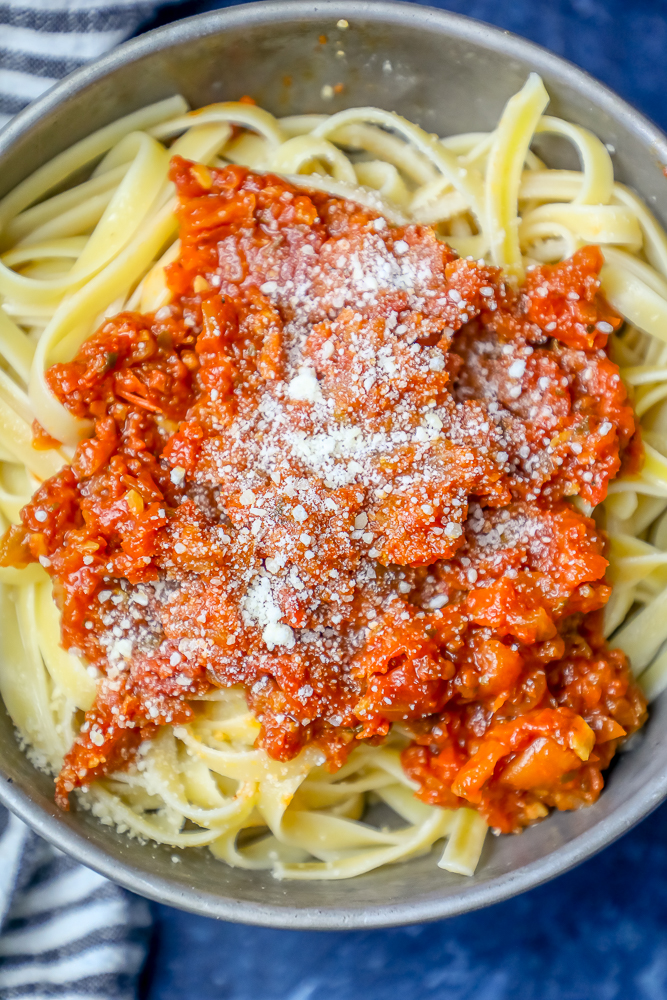 roasted red pepper sauce on linguine.