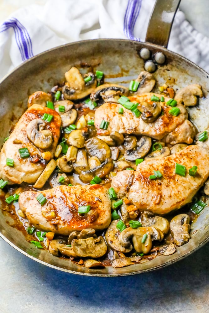 pork chops cooked with mushrooms and green onions in a skillet.