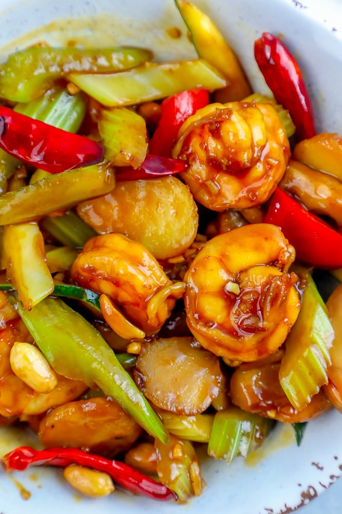 kung pao shrimp in a white bowl picture