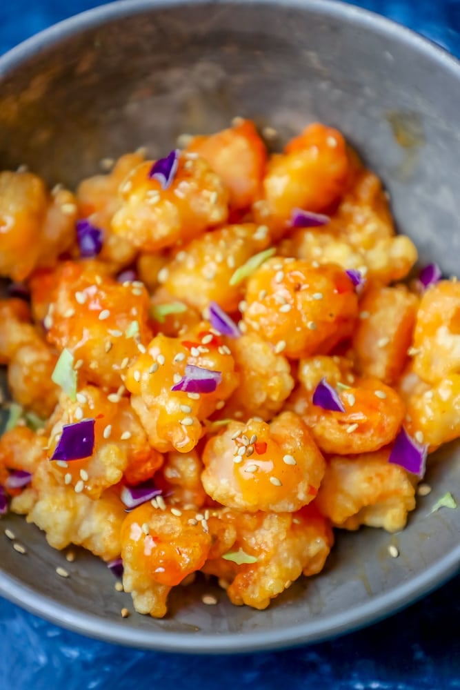 picture of bang bang fried shrimp with sesame seeds in a bowl 