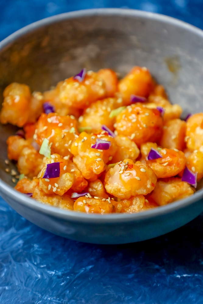 picture of bang bang fried shrimp with sesame seeds in a bowl 