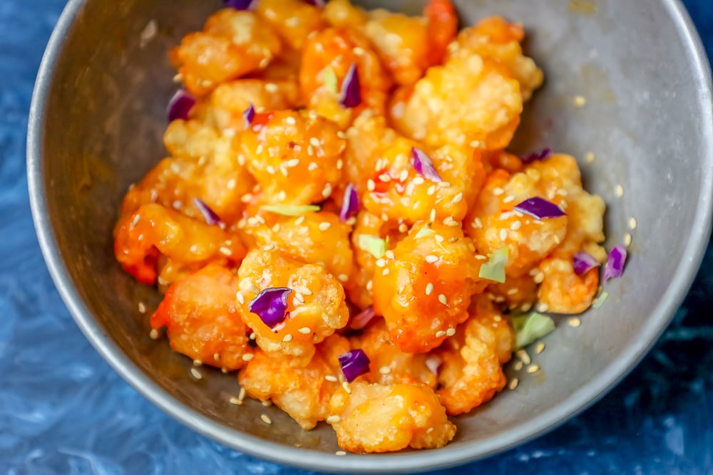 picture of bang bang fried shrimp with sesame seeds in a bowl 