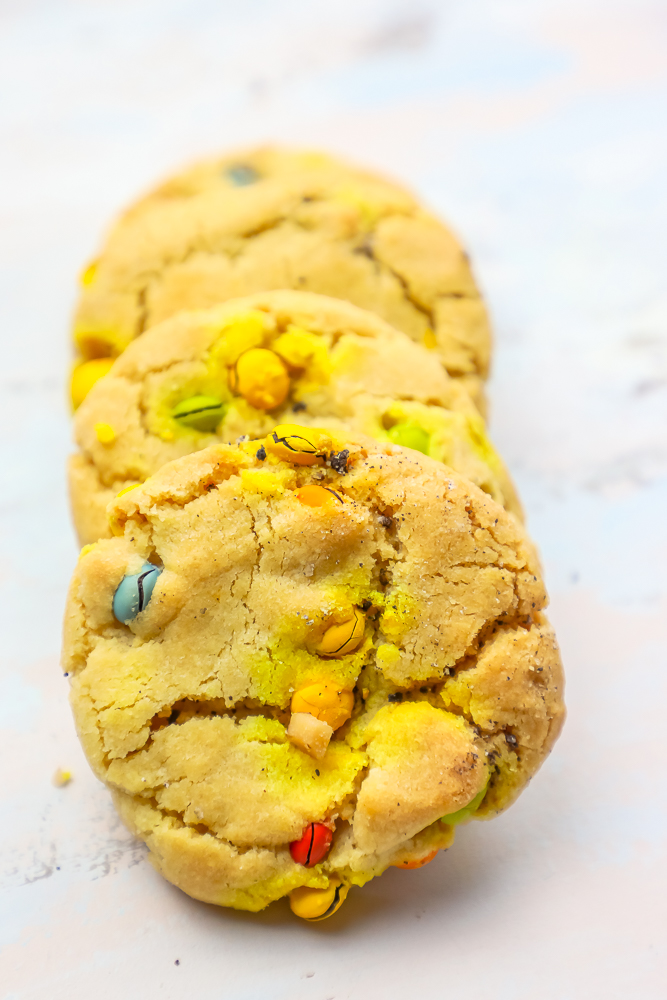 4 m&m peanut butter cookies stacked