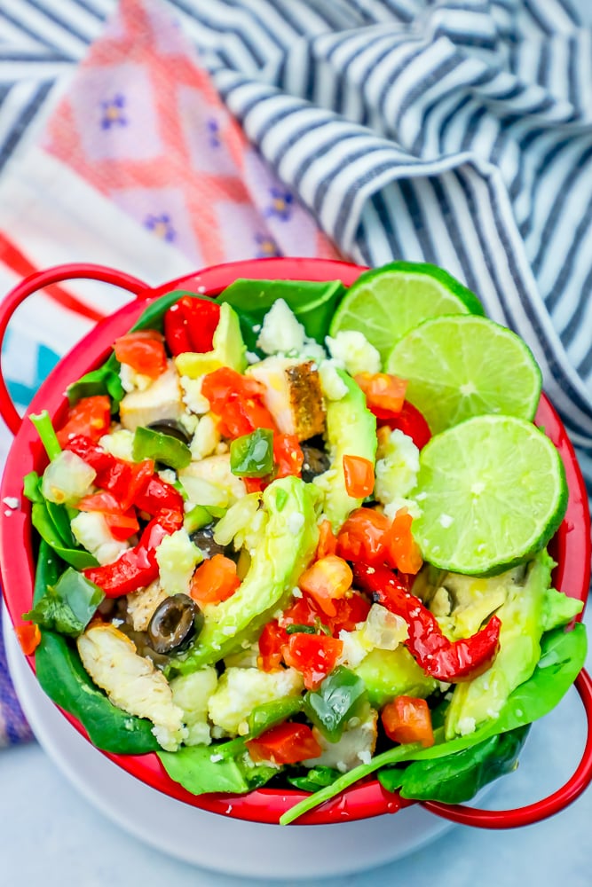 red pepper, avocado, lime, and salad, chicken