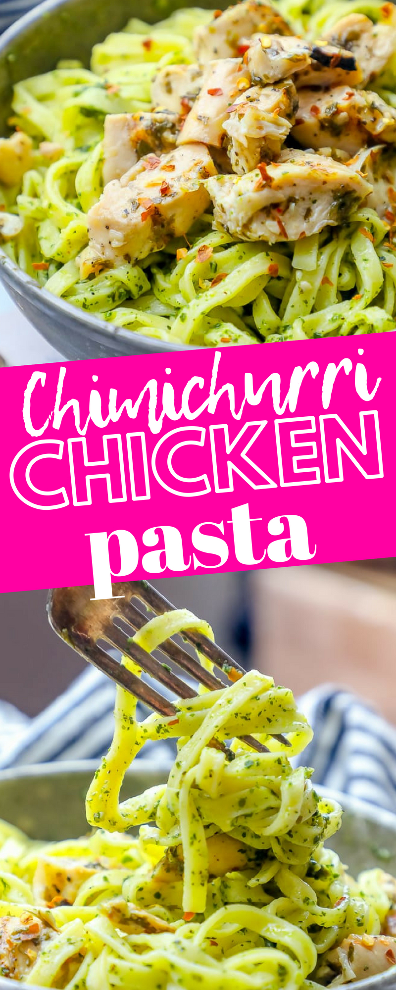 A bowl of chimichurri chicken linguine with a fork in it.