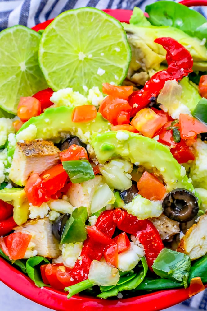 red pepper, avocado, lime, and salad, chicken