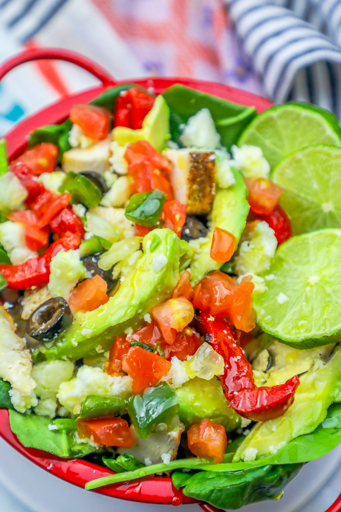 red pepper, avocado, lime, and salad, chicken