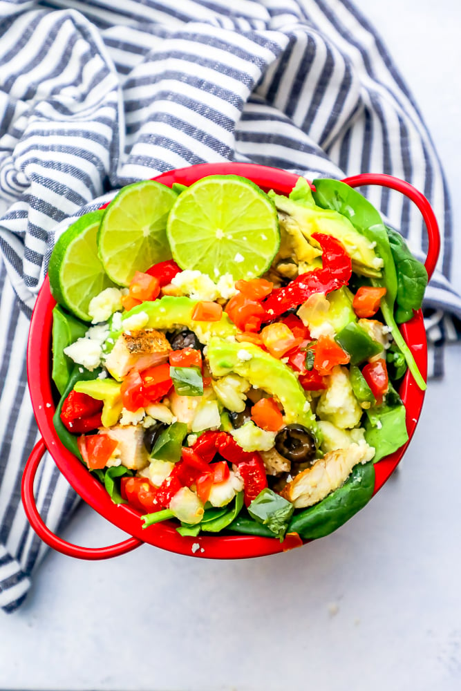 red pepper, avocado, lime, and salad, chicken