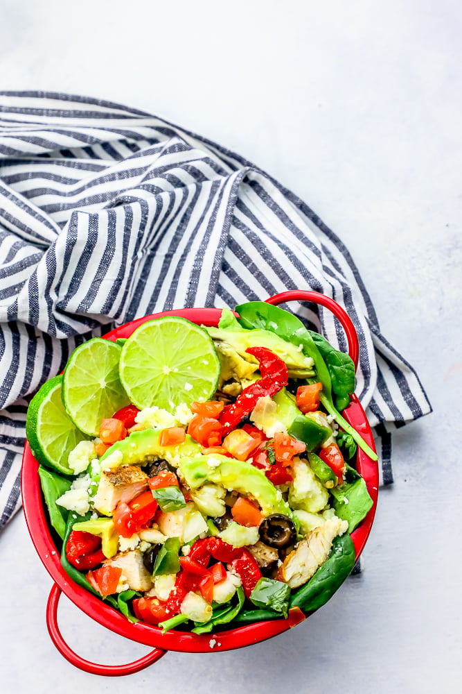 red pepper, avocado, lime, and salad, chicken