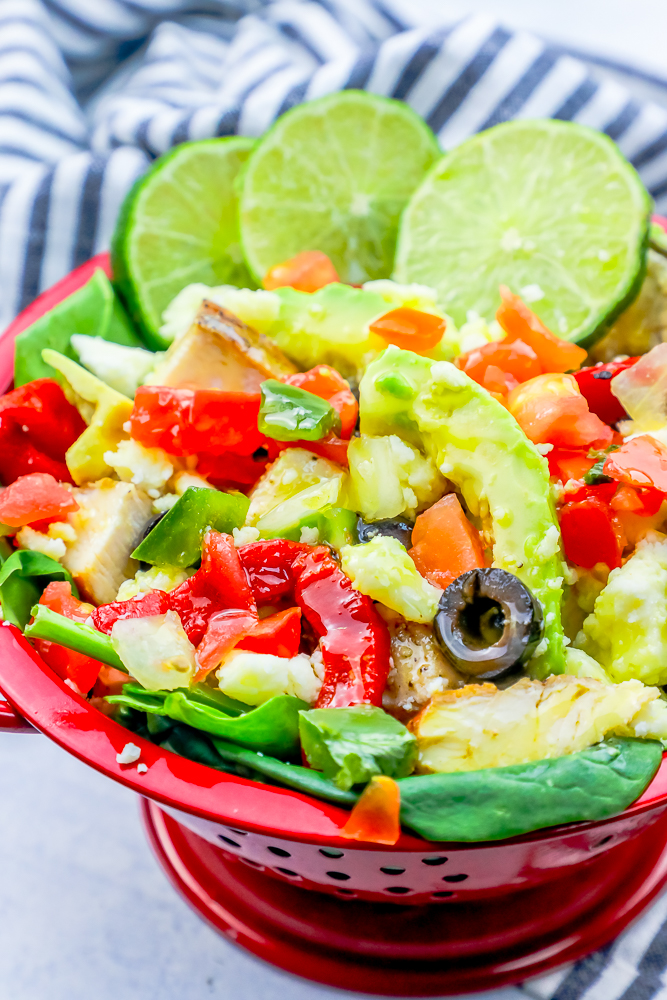 red pepper, avocado, lime, and salad, chicken