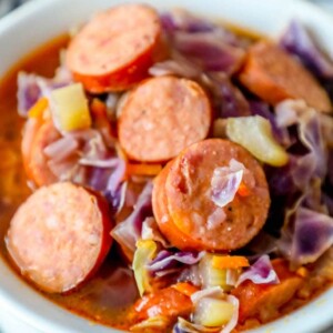 Easy keto cabbage and sausage soup recipe.